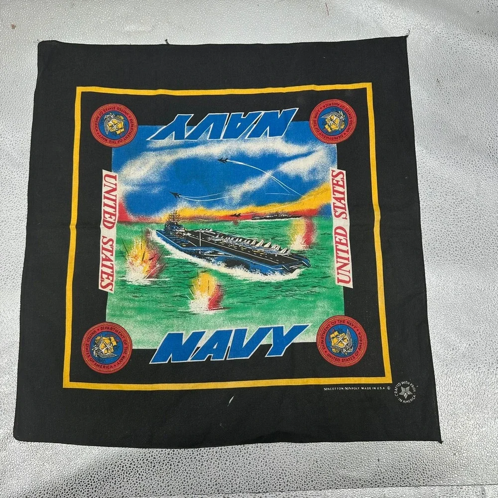 Vintage US Navy Bandana Aircraft Carrier Military Graphic Scarf Black USA Made